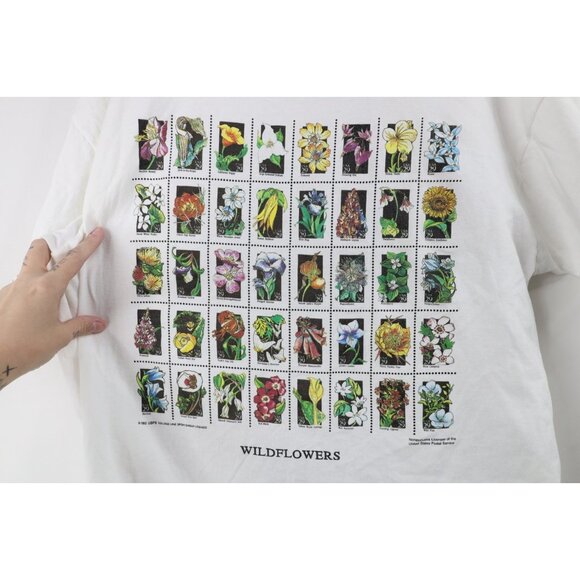 Vtg 90s Streetwear Womens XL Distressed USPS Postage Stamps Flower T-Shirt USA - Picture 7 of 16